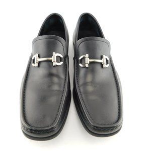 FERRAGAMO Black Leather Logo Horse Bit Slip-on Driver Moccasin Flat Loafers 9